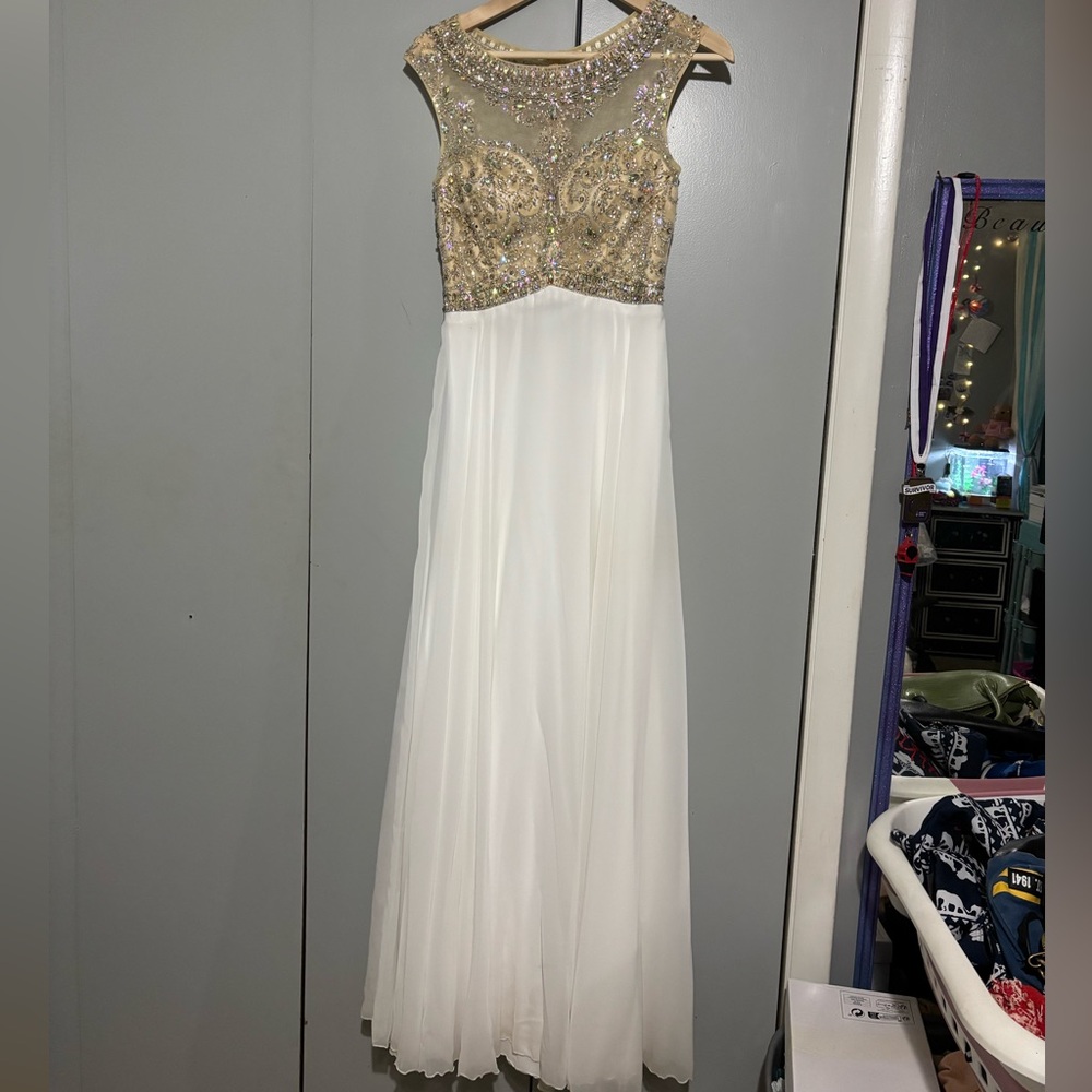Tony Bowls Gold and White Sequin Embellished Gown